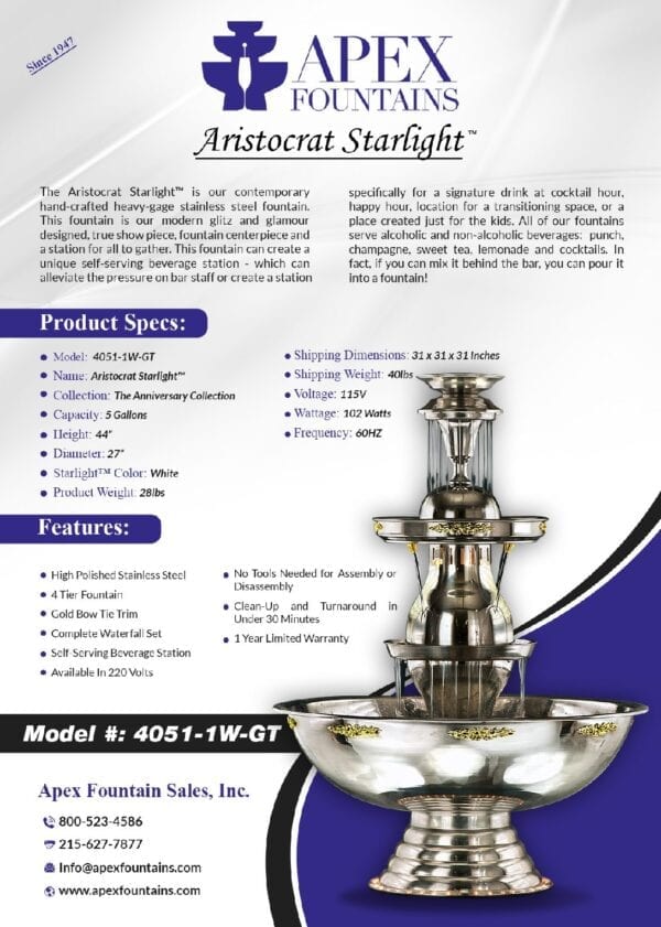 Aristocrat Starlight Fountain, Model Number 4051 1W GT