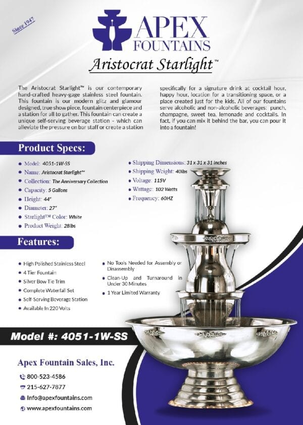 Logo and Name of Apex Fountains with Aristocrat Starlight Model