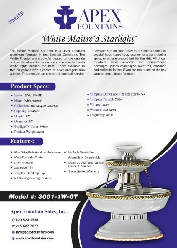 Product Specifications of The White Maitred Starlight Fountain