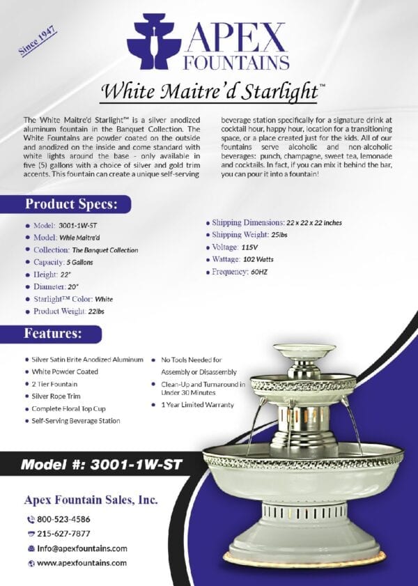 Features of The White Maitred Fontain with Anodized Inside