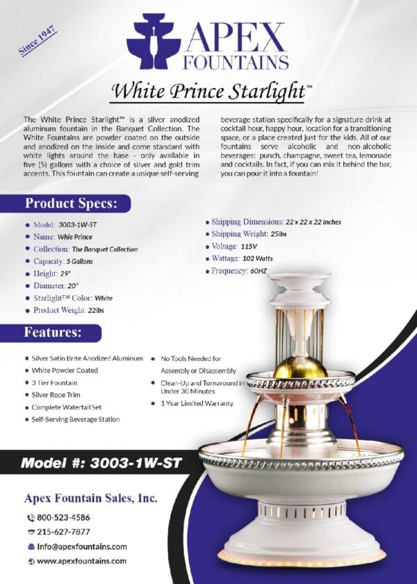 White Prince Starlight Beverage Fountain from Apex Fountains
