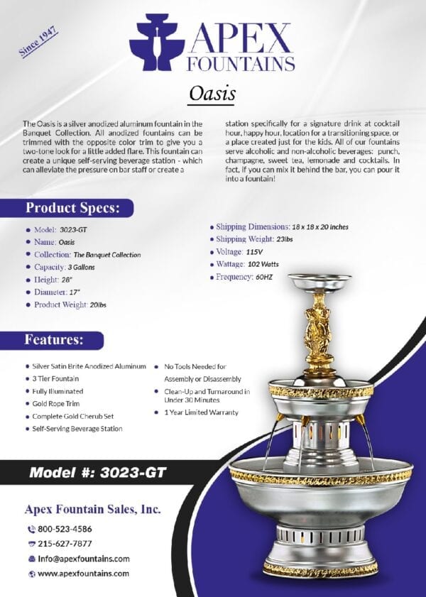 Features of The Oasis Fountain, Model 3023 GT