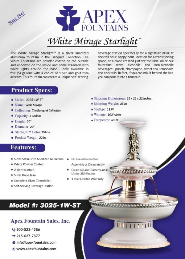 Features of The White Mirage Fountain, Model 3025 1W ST