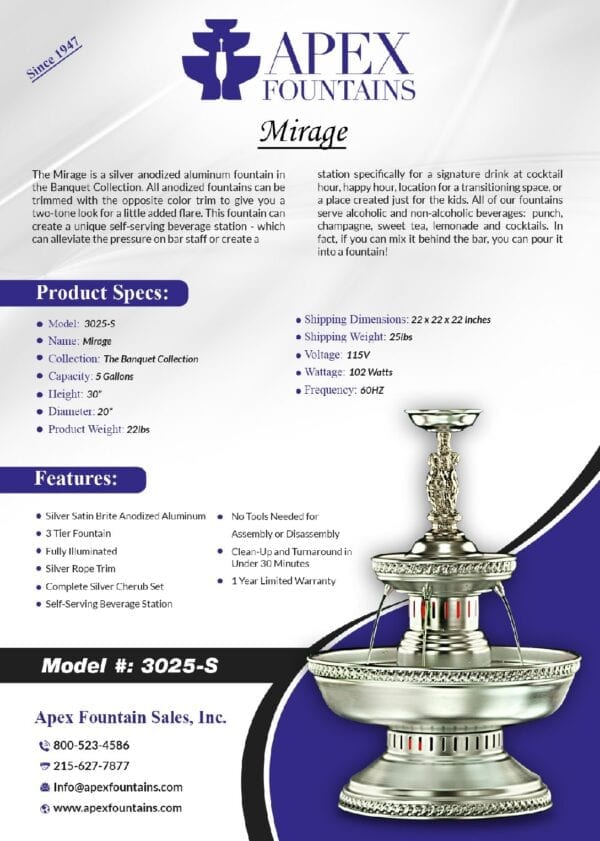 Features of The Mirage Fountain, Model 3025 S