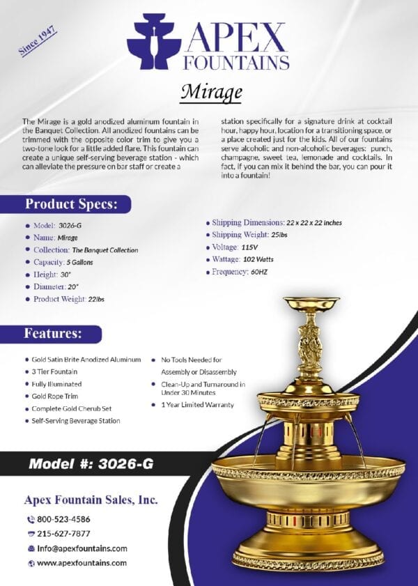Product Specification of The Mirage Gold Fountain
