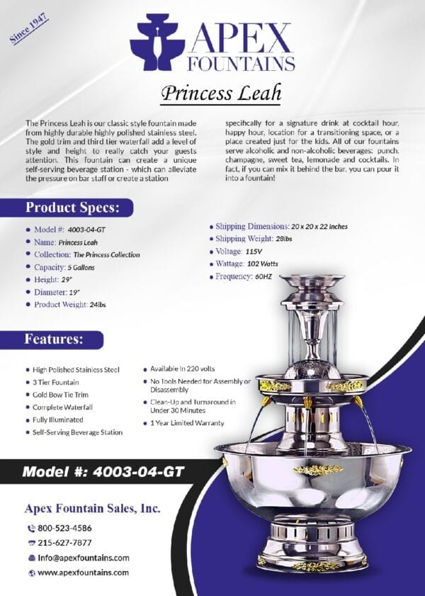 Features and Specs of Princess Leah, Two Tiered Fountain