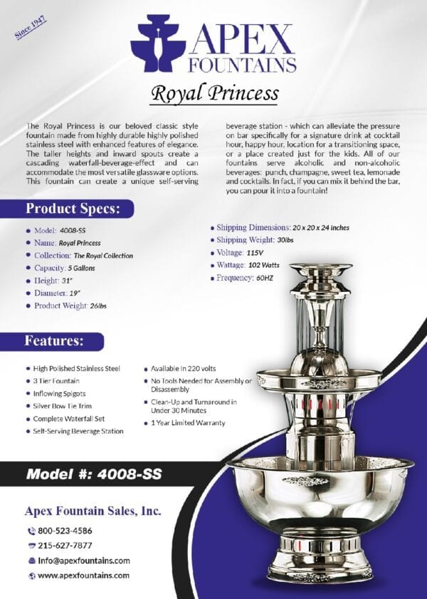 Product Specifications of The Royal Princess Fountain, Silver