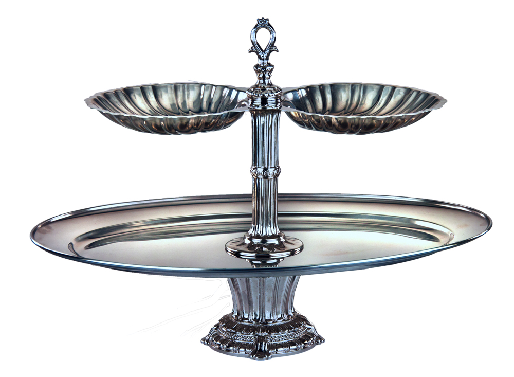 The Minerva Features Polished Mirror, Oval Tray, Stainless Steel, and Column & base